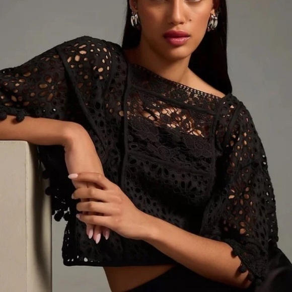 Anthropologie Tops - Anthropologie Black Eyelet Lace Cropped Blouse